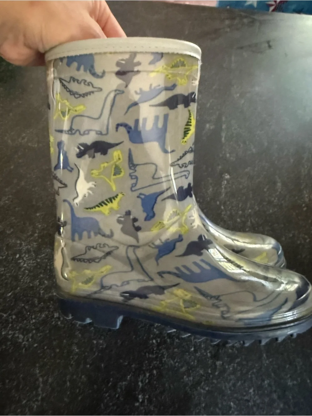 Carter's Gray Kids Rain Boots with Blue and Yellow Dinosaur Print